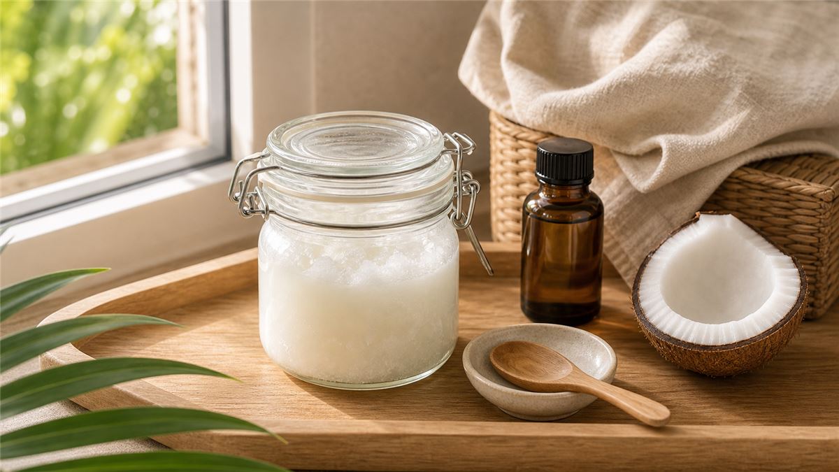 Cách bảo quản dầu dừa với hũ kín và muỗng khô trên khay gỗ