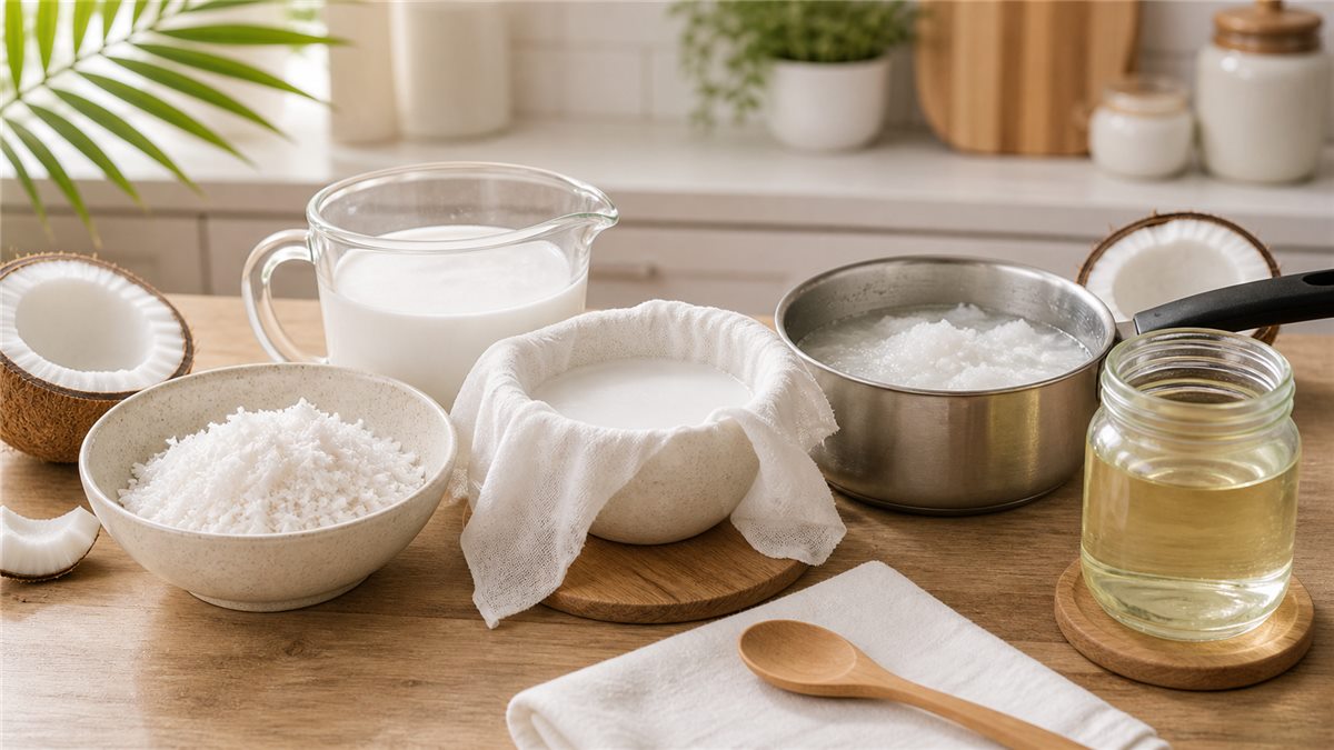 Cách làm dầu dừa tại nhà với cơm dừa nạo và hũ dầu thành phẩm