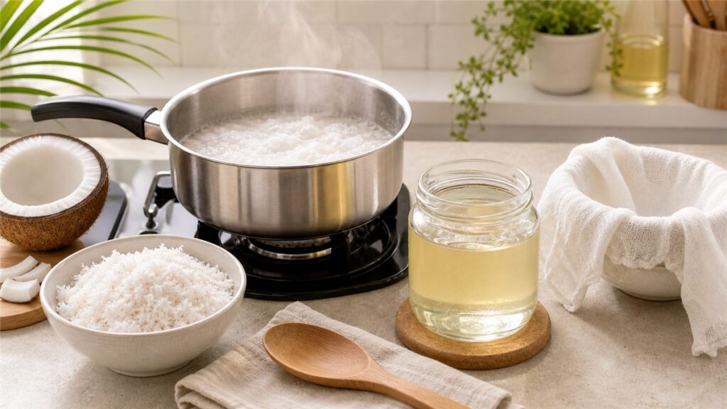 Cách nấu dầu dừa nguyên chất với nồi nước cốt dừa và hũ dầu thành phẩm