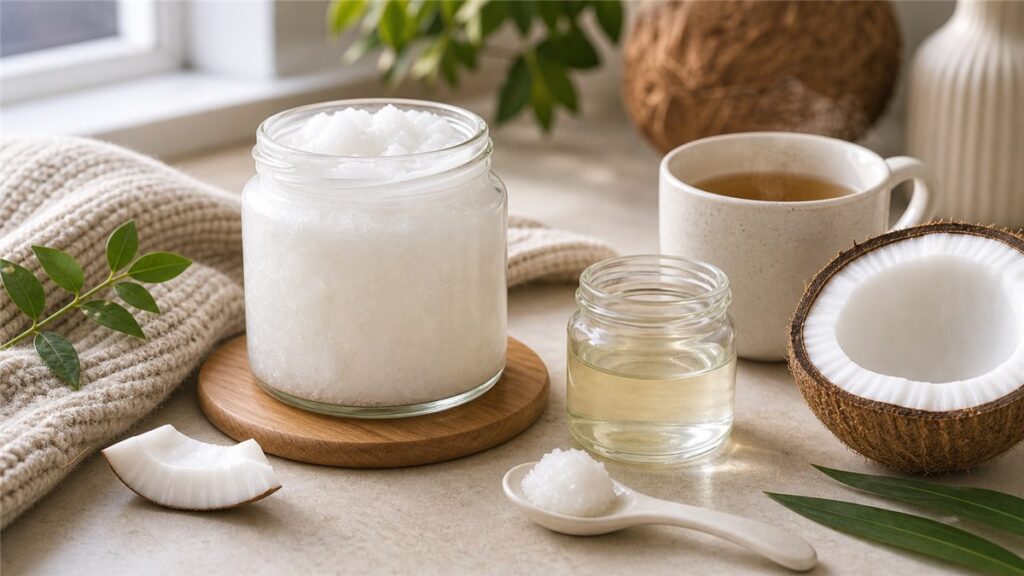 Dầu dừa bị đông trong hũ thủy tinh cạnh ly nước ấm