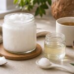 Dầu dừa bị đông trong hũ thủy tinh cạnh ly nước ấm