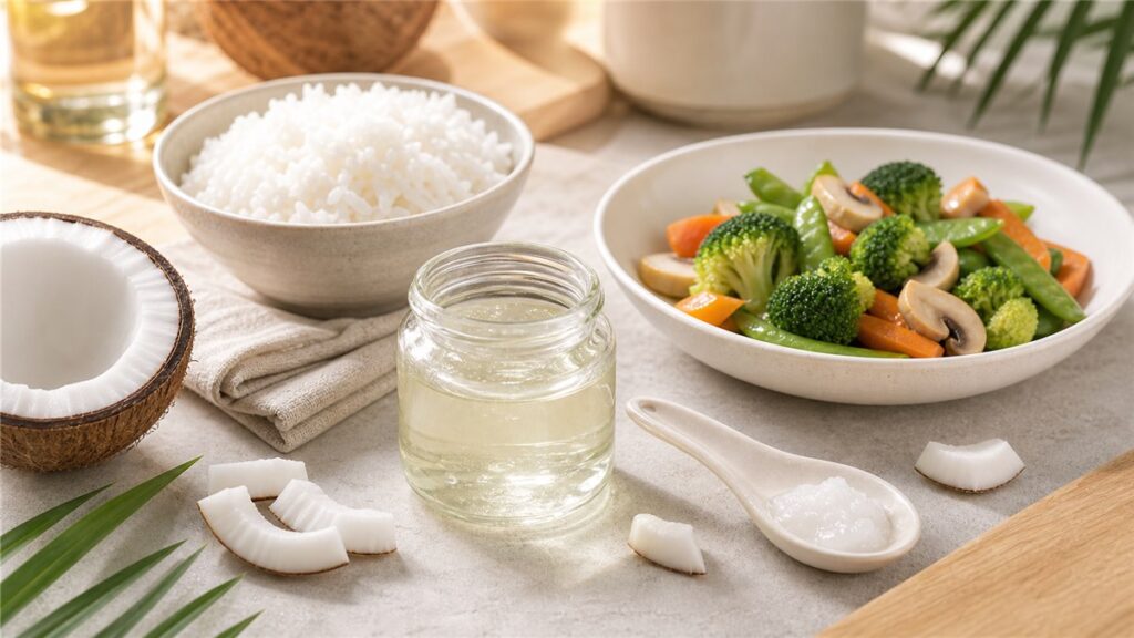 Dầu dừa ăn được trong gian bếp với cơm và rau xào