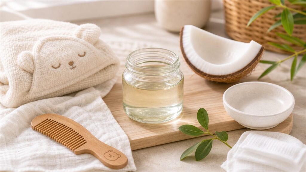 Dầu dừa dùng cho trẻ em với khăn mềm và lược gỗ sạch