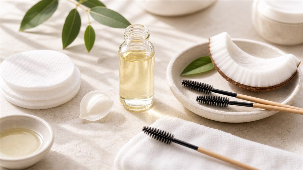 Dầu dừa dưỡng mi với spoolie sạch và bông tẩy trang