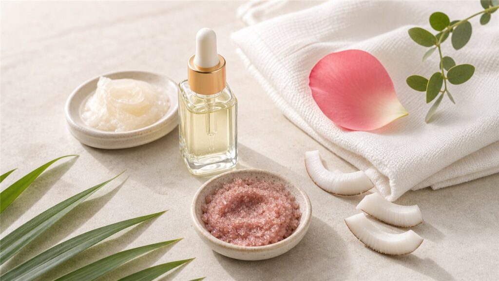 Dầu dừa chăm sóc môi thâm với serum và tẩy da chết nhẹ
