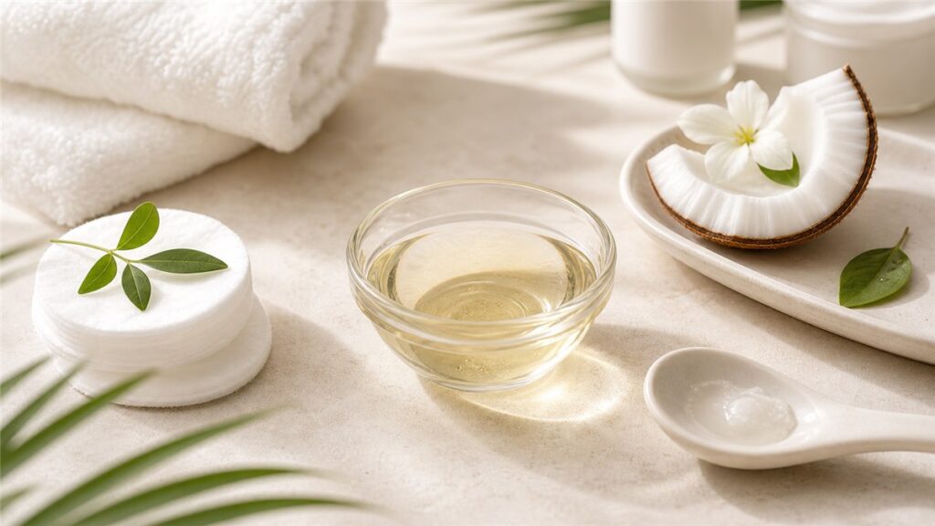 Dầu dừa dưỡng da mặt với bông tẩy trang và khăn mềm