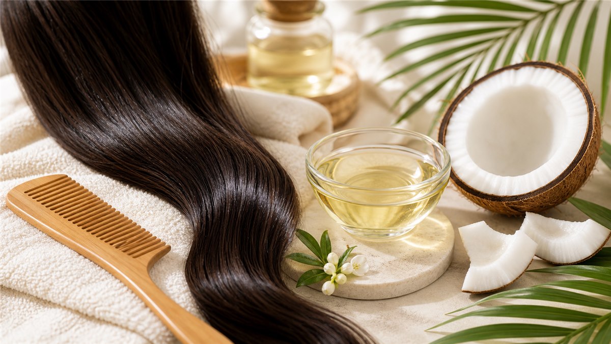 Dầu dừa dưỡng tóc khô xơ với lược gỗ và cơm dừa