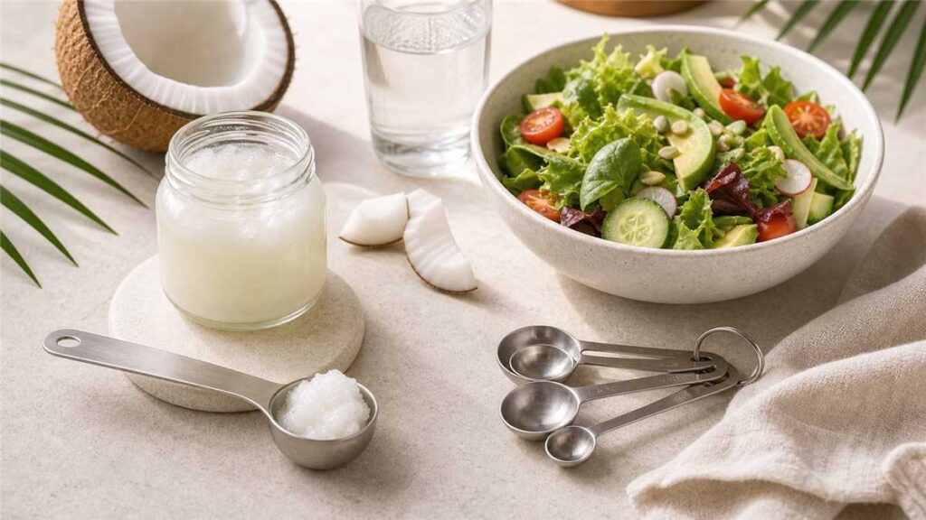 Dầu dừa giảm cân với salad xanh và thìa định lượng
