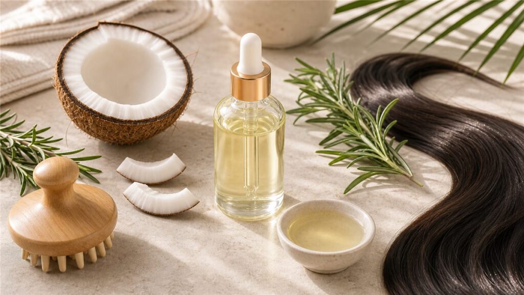 Dầu dừa giúp mọc tóc với tinh dầu, hương thảo và dụng cụ massage da đầu