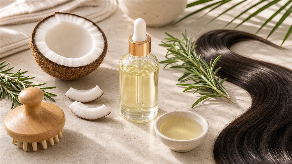 Dầu dừa giúp mọc tóc với tinh dầu, hương thảo và dụng cụ massage da đầu