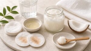 Dầu dừa tẩy trang với bông cotton và khăn mềm