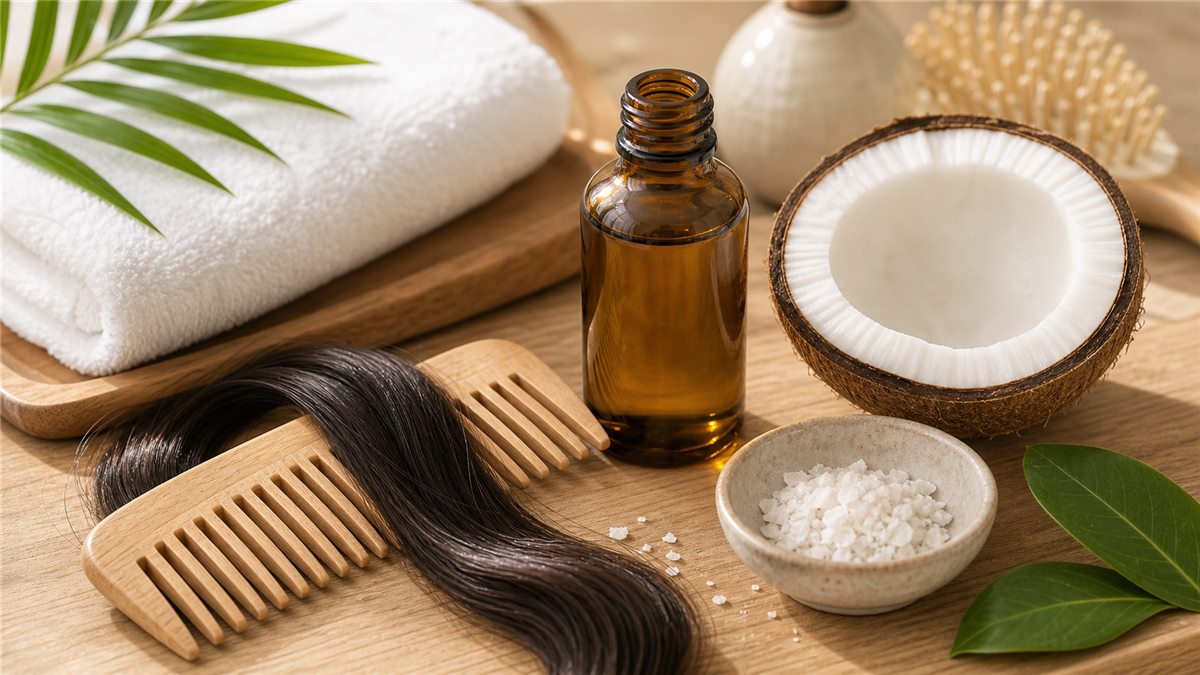 Dầu dừa trị gàu với lược gỗ và chăm sóc da đầu tự nhiên