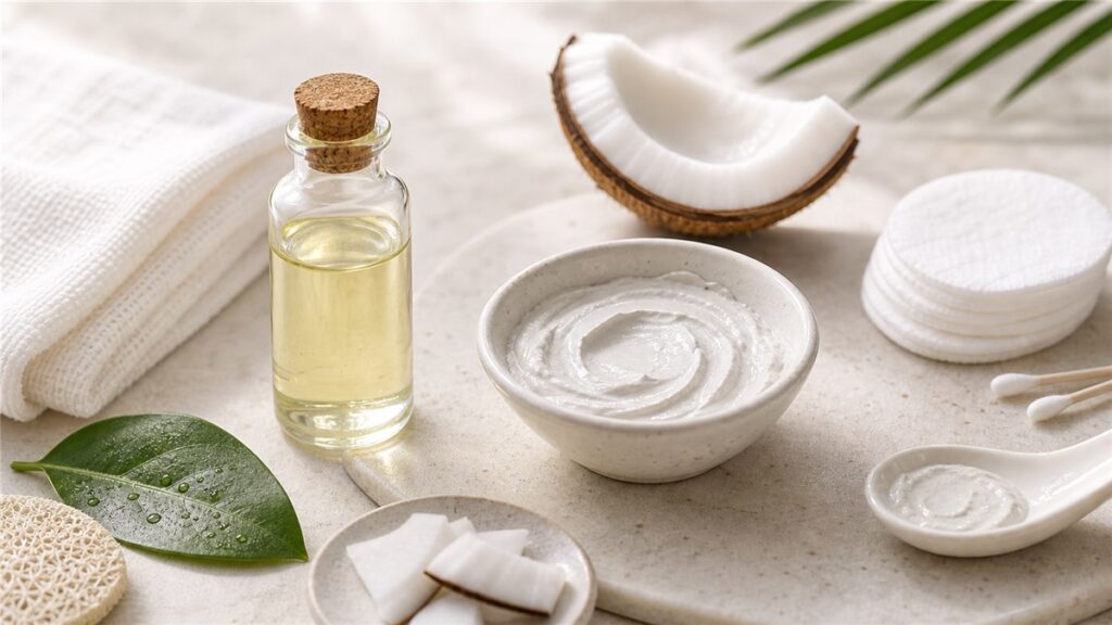 Dầu dừa trị mụn với mặt nạ đất sét và bông tẩy trang