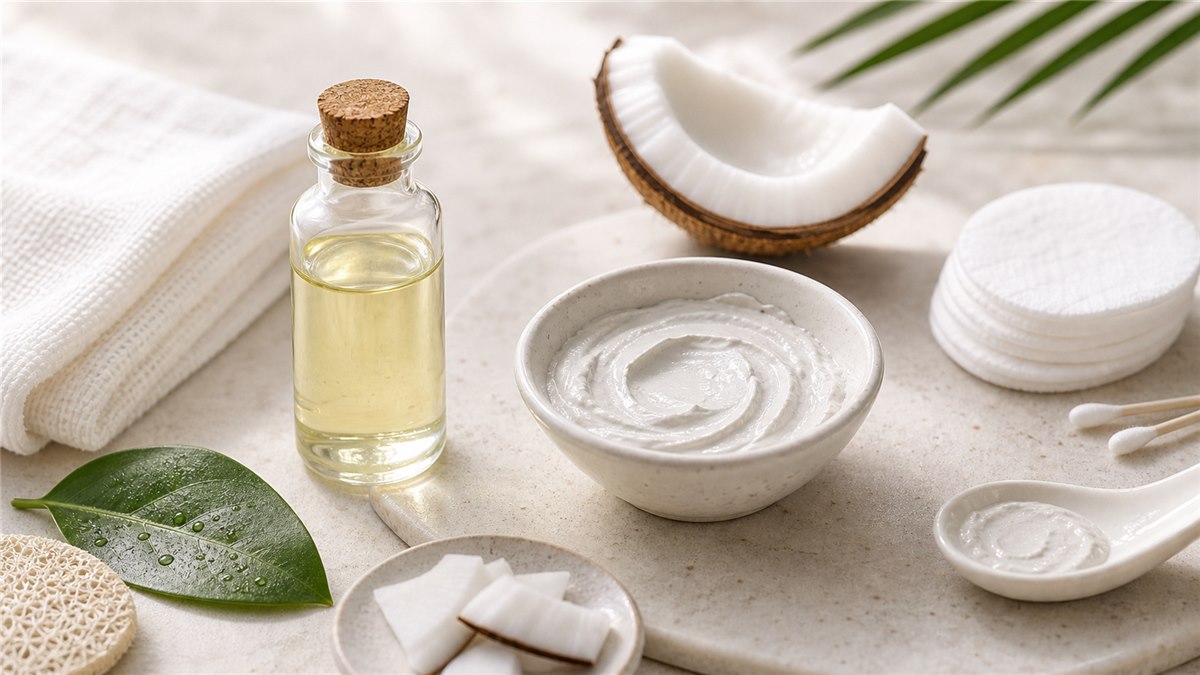 Dầu dừa trị mụn với mặt nạ đất sét và bông tẩy trang