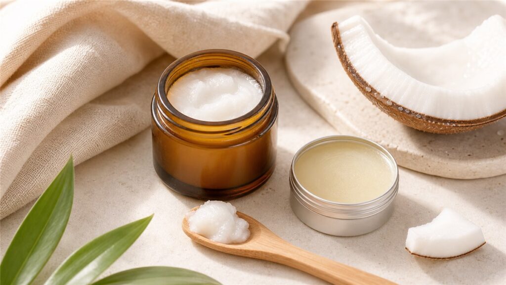 Dầu dừa trị nứt môi với hũ son dưỡng tự nhiên và lát dừa