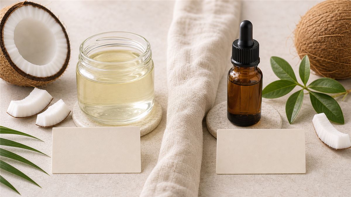 Dầu dừa và tinh dầu dừa khác nhau với hũ dầu và chai nhỏ so sánh