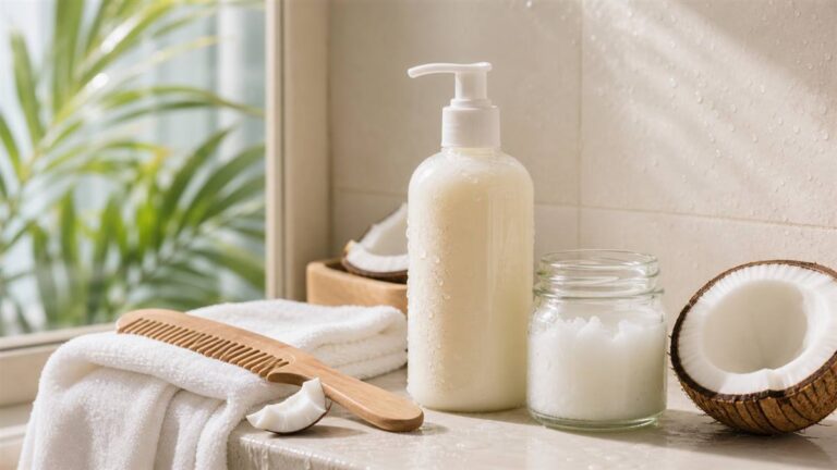 Dầu gội dầu dừa cho tóc khô với lược và khăn sạch