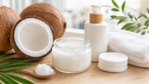 Tinh dầu dừa dưỡng da với bông cotton và khăn sạch