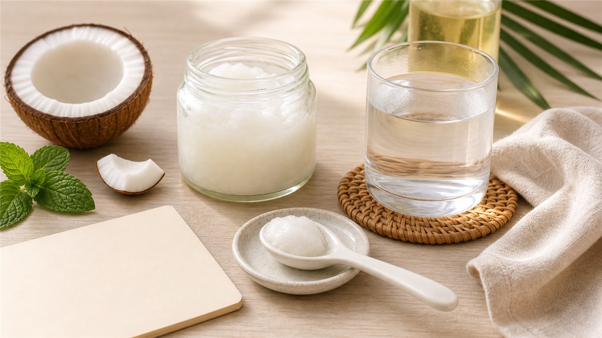 Uống dầu dừa với thìa định lượng và ly nước ấm